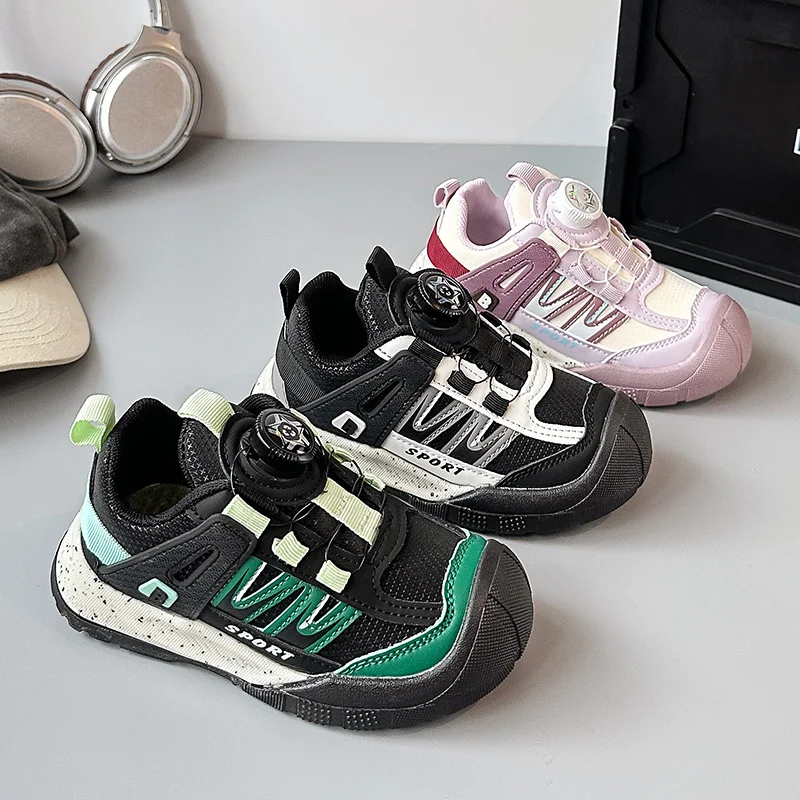 

Kids Sports Shoes Toes Capped Anti-kicked Children Casual Shoes with Rotating Button 2025 Autumn Boys Girls Tennis Shoes Soft