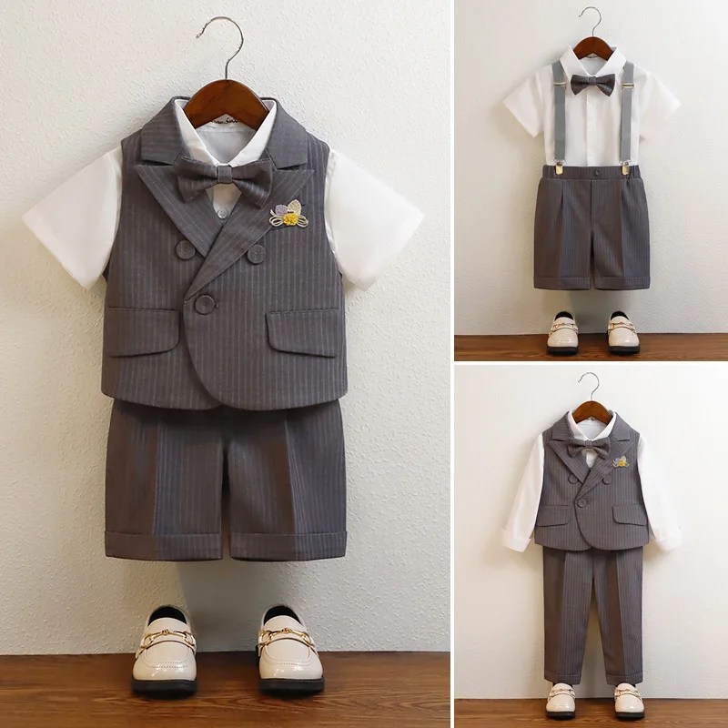 Summer Kids Boys Strap Shorts Suit Toddler Boys Formal Suspender Trousers Suit 2-12 Years Children School Uniform Birthday Suits