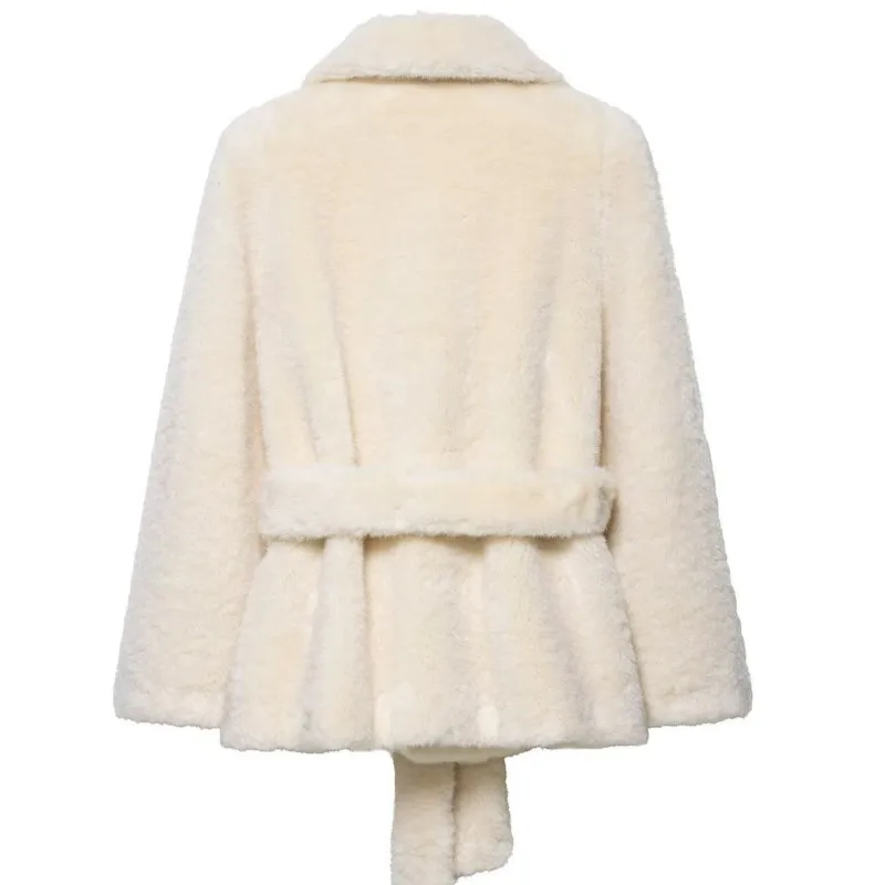 

Женская зимняя куртка из искусственного меха 2025 года, утепленная меховая верхняя одежда на молнии с поясом, кремово-белые повседневные уличные теплые плюшевые пальто