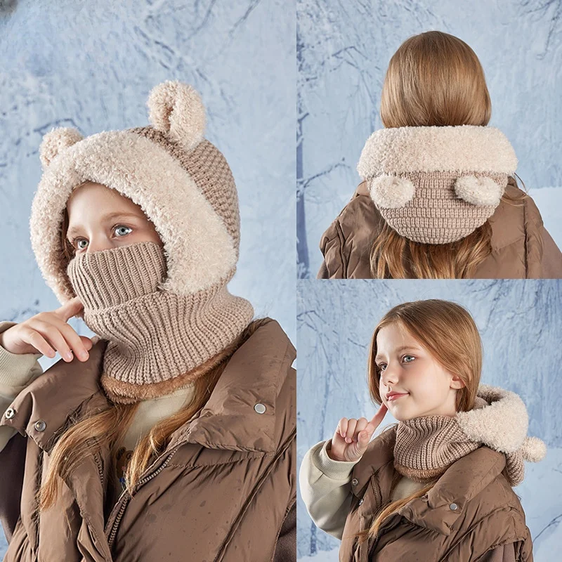 

Children's hats cartoon cute bear mask bib one-piece hat girls winter outdoor wool wool wool hat with wool insulation