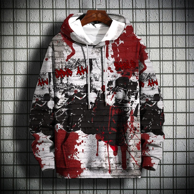 Halloween Men's Hoodie Dripping Blood Skull 3D Print Tops Fashion Autumn Horror Festival Letter Pattern Thin Unisex Hoodie Tops