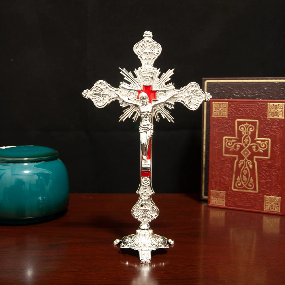 HTISOK Katholisches Jesus-Kreuz, stehendes katholisches Kreuz, katholisches Tischornament aus Zinklegierung, Geschenk für Freunde – Detail 9