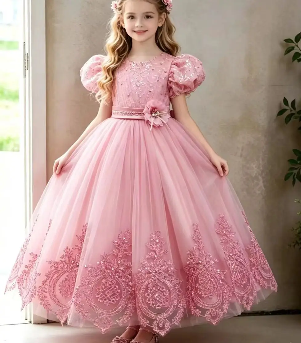 New Princess Girl Party Dresses Girls Concert Dress Long Ball Gown Pearls 4-12 Years Child Clothes