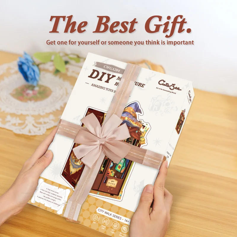 CUTEBEE DIY Book Nook Kit Miniatur-Puppenhaus aus Holz mit LED-Licht, Bücherregal-Einsatz, Bücherregal, Heimdekoration für erstaunliche Spielzeuggeschäfte