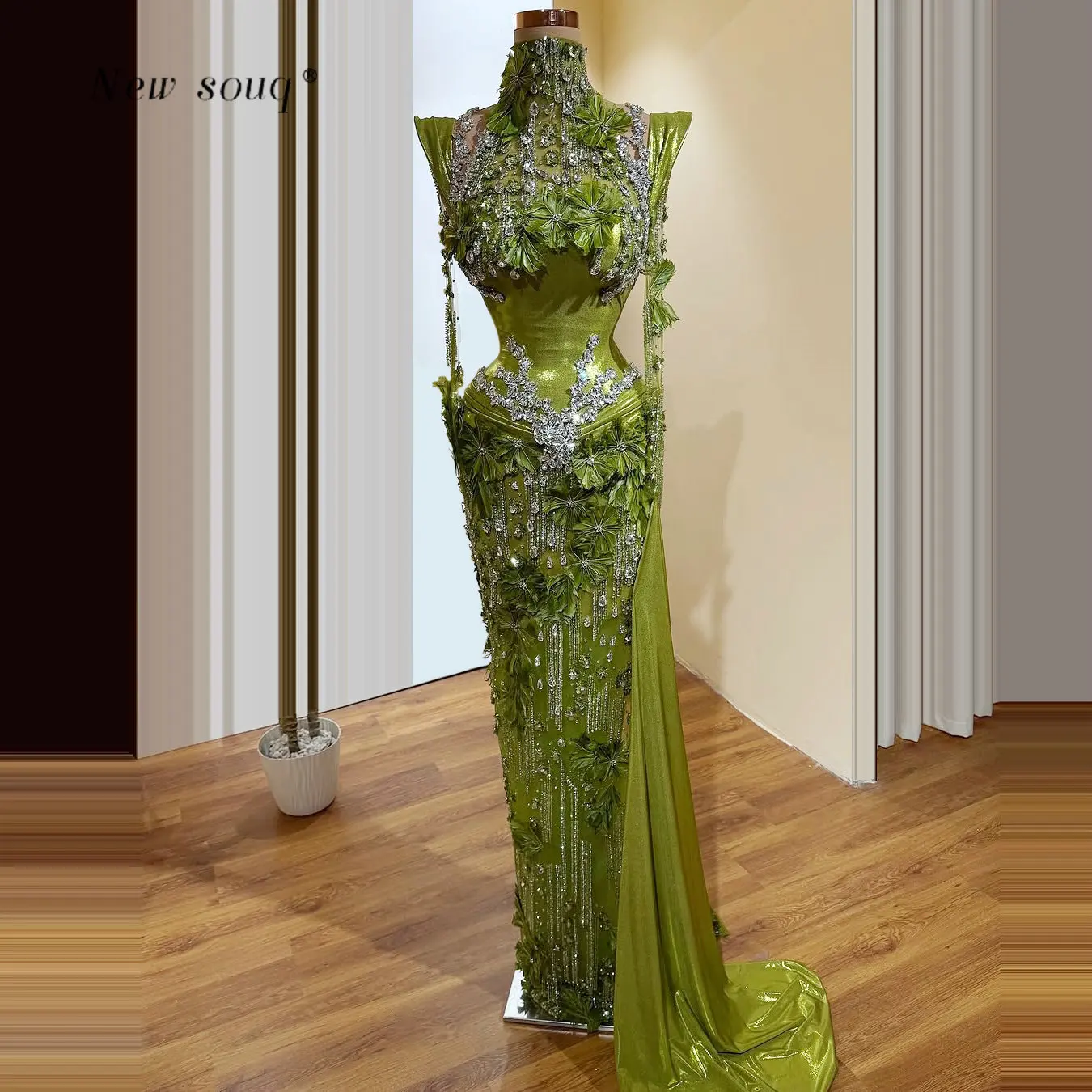 

Зеленые мусульманские вечерние платья с высоким воротом и длинными рукавами, индивидуальный дизайн, с цветочным узором, блестящими кристаллами и камнями, для свадеб, торжеств и выпускных вечеров