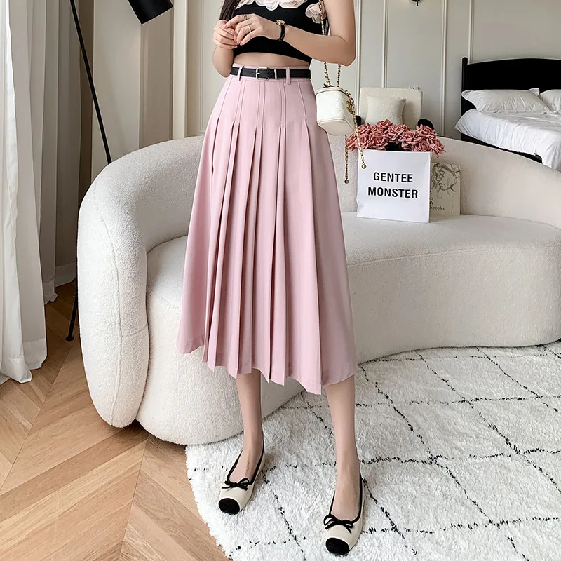 New Spring Autumn High Waist Midi Pleated Skirts Womens Fashion A-line Casual Suit Skirt Ladies Elegant Vintage Umbrella Skirt