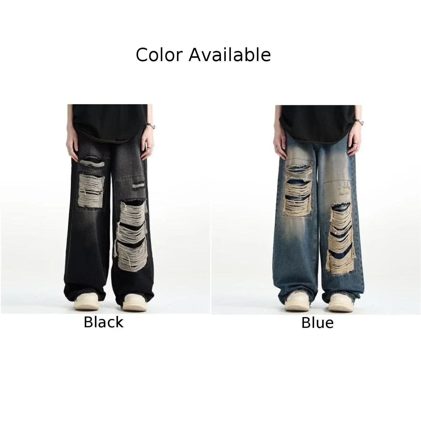 Men\'s Retro Hole Repair Loose Straight Pant Wide Leg Mopping Pants Fashion Y2K Jeans Man Casual Trousers Streetwear