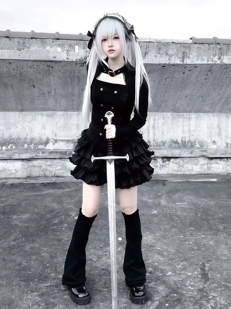 Kukeita Gothic Lolita Black Ruffles Skirt Sets Y2k Punk Women Double Breasted Blouses Top+Mini Skirts 2PS Sets Chic Streetwear image 3