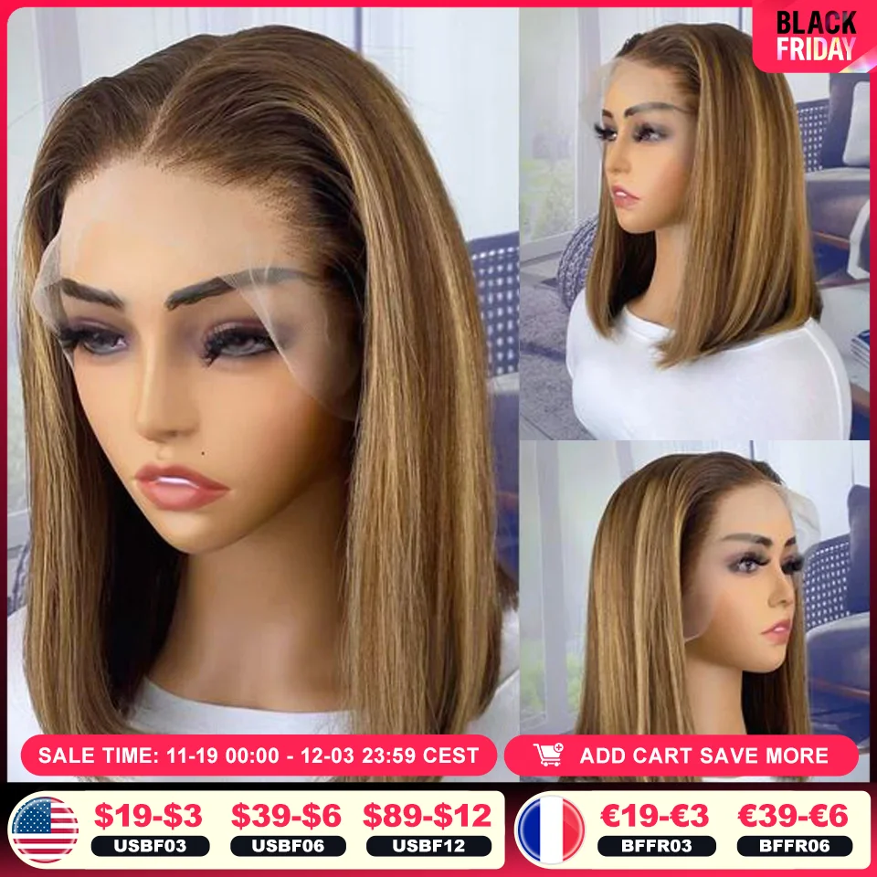 Perruque Bob Lace Front Wig lisse brésilienne Remy, cheveux naturels, ombré Blond, 13x6x1, à reflets, pour femmes