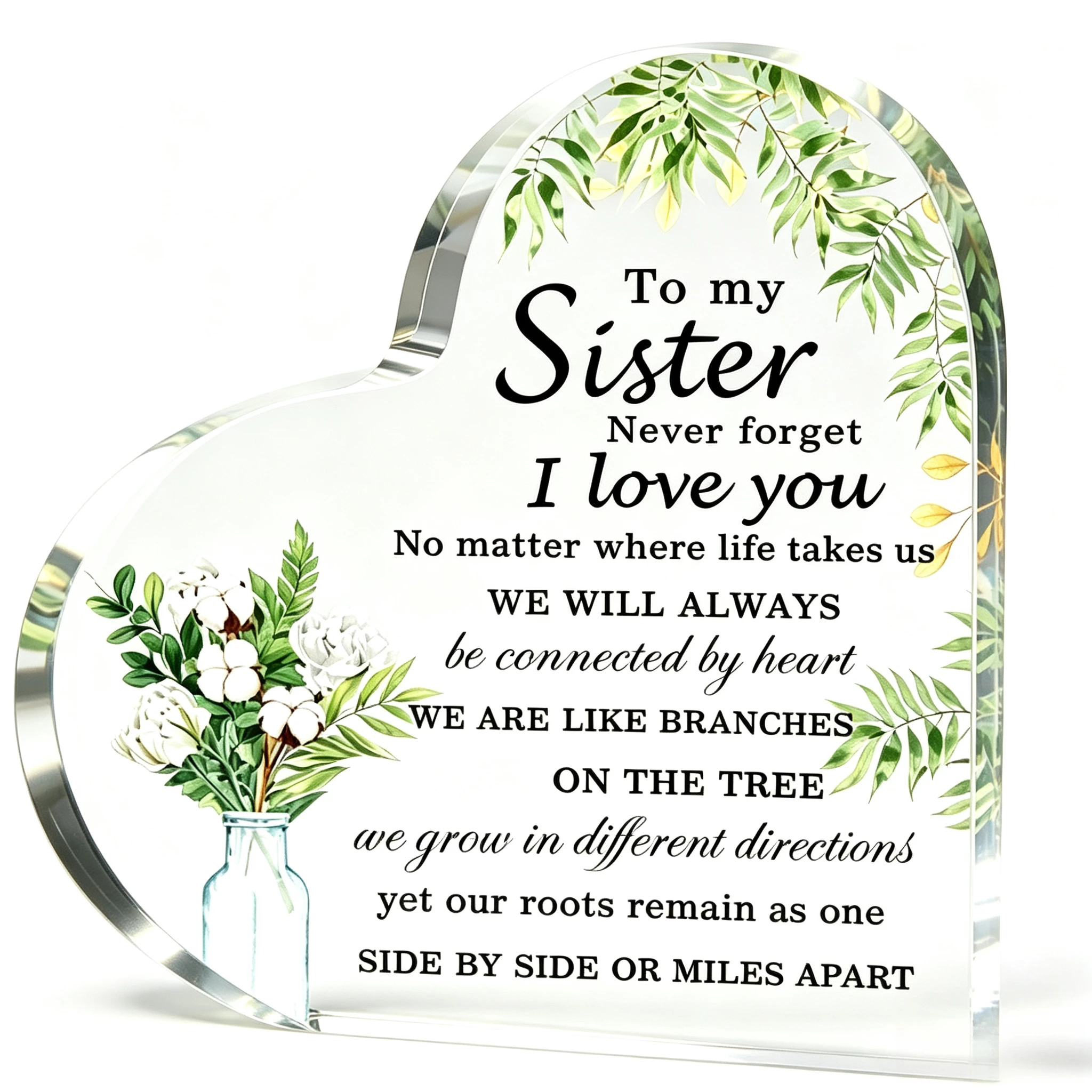 To My Sister Heart‑Shaped Acrylic Tabletop Plaque, Cotton Floral Vase Inspirational Desk Keepsake Gift