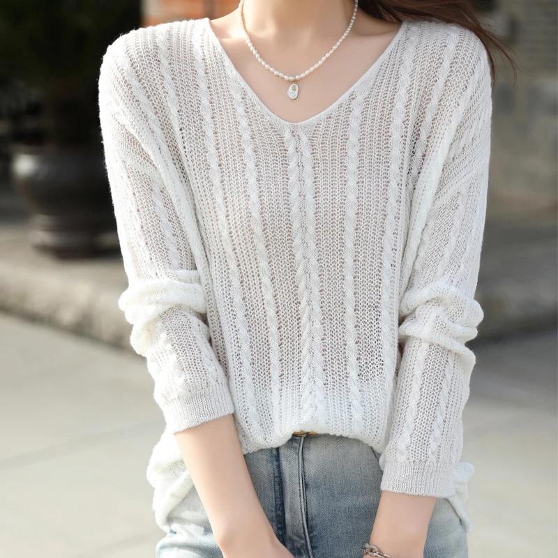 Spring and summer new hollowed out loose long sleeved top, base knit shirt, versatile lining, casual top