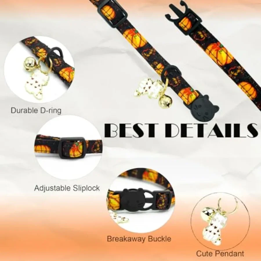 هالوين القط Collar2 حزمة اليقطين طباعة الخريف القطن الانفصال الياقات القط مع جرس قلادة هريرة صبي فتاة السلامة قابل للتعديل