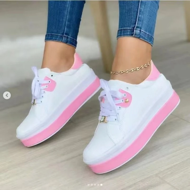 Women\'s Vulcanized Shoes Sports Shoes New Outdoor Platform Shoes Female Casual PU Fashion Lace-Up Sneakers Women Wedge Flats