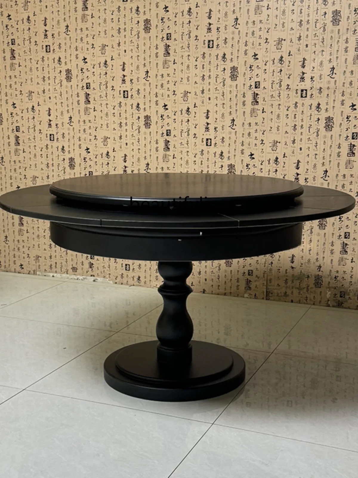 

Retro French revolving retractable dining table small apartment simple deformation dining table solid wood with turntable