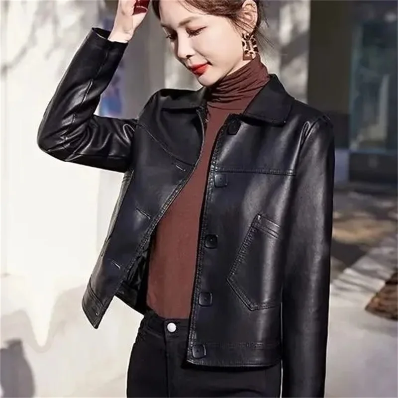 New Western Style Spring and Autumn Short Leather Jacket Women's Lapel Womens Casual Jacket Fashionable Leather Jacket Versatile