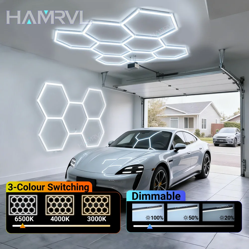 Dimmable Hexagon LED Garage Lights, 3000K-6000K Color Changing Honeycomb Ceiling Lights, Modular High-Brightness Barber Shop Gym