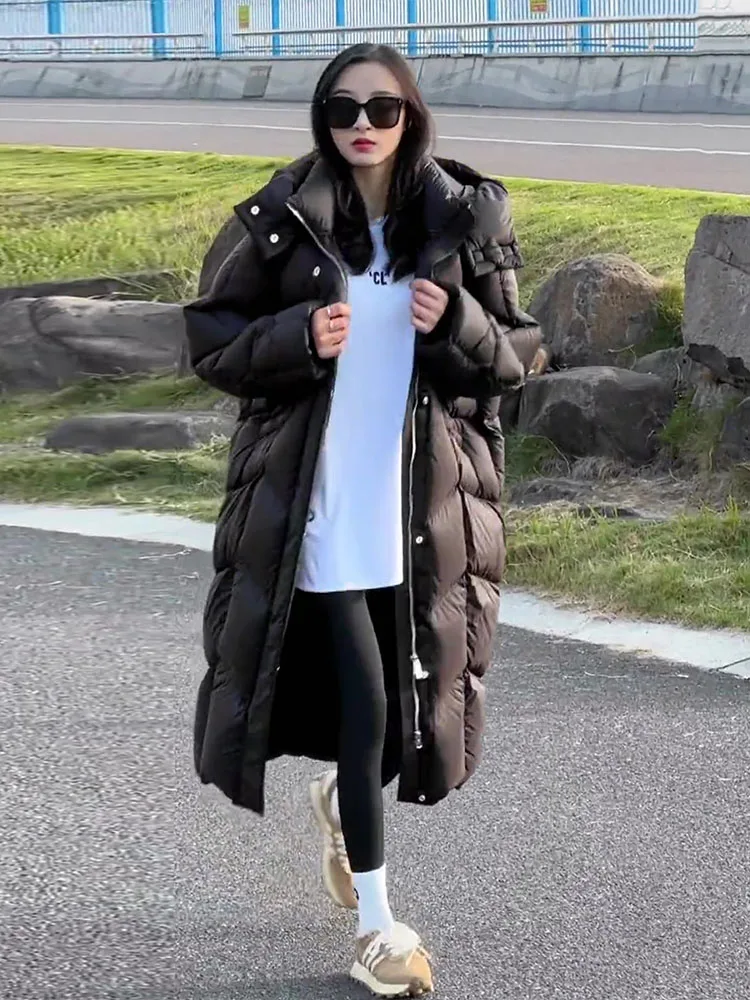 

Модное черное пуховое пальто для женщин, новое зимнее свободное пальто до колен, трендовое утепленное белое пальто для повседневной носки