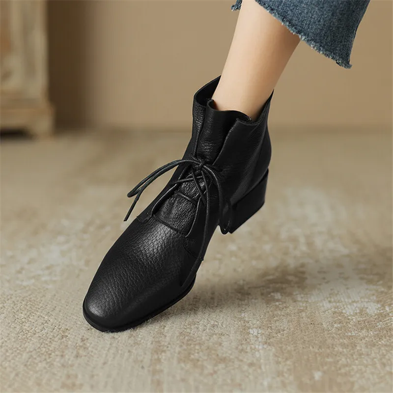 2023 New Autumn Genuine Leather Women Boots Round Toe Chunky Heel Ankle Boots for Women Winter Fashion Boots Lace Women Shoes