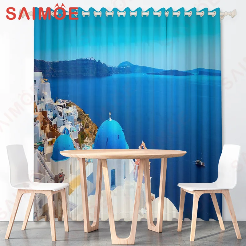 HD French Vintage Romantic Sea View Castle Curtains Forest Street Sunset Thin Polyester Fabric Office Home Decorations with Hook