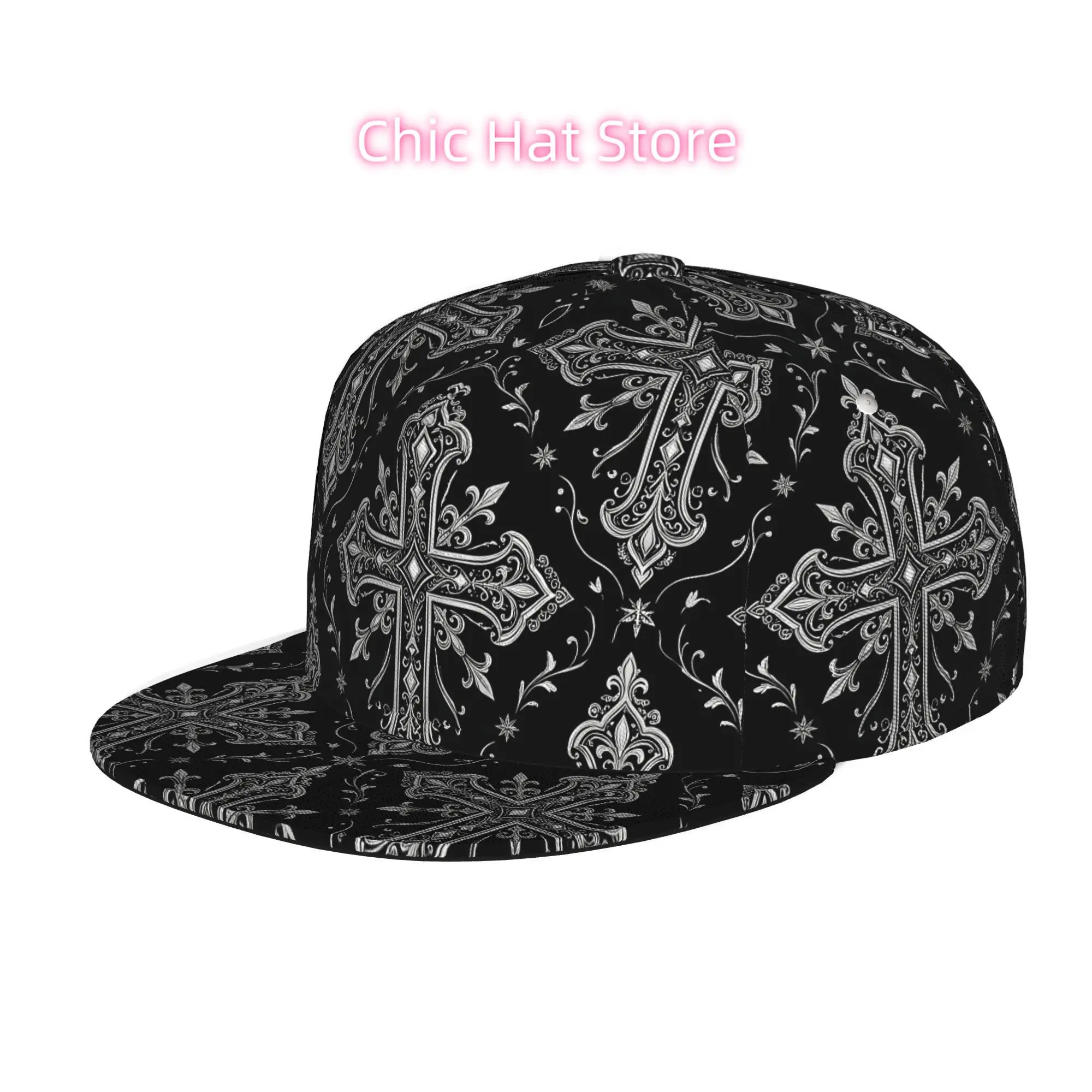 Ornate Gothic Silver Cross Pattern, Unisex All Over Print Flat Brim Baseball Cap, Hip Hop Streetwear Snapback Hat for Skateboard