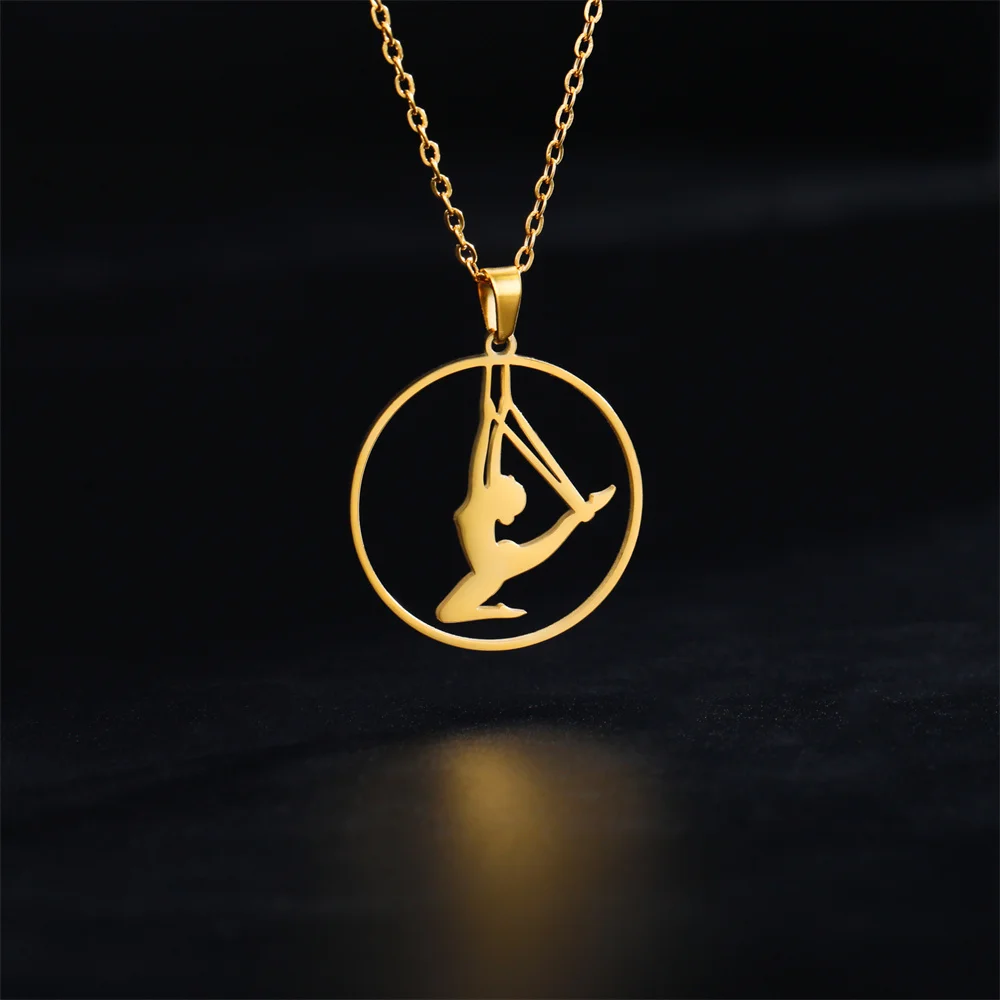 EUEAVAN Dancer Rhythmic Gymnastics Round Pendant Necklaces for Women Girls Stainless Steel Gymnast Yoga Necklace Sport Jewelry