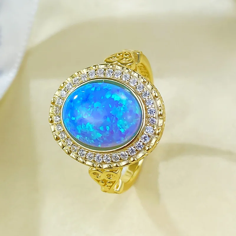 

New 925 Sterling Silver 8x10mm Blue Opal Wedding Ring for Women