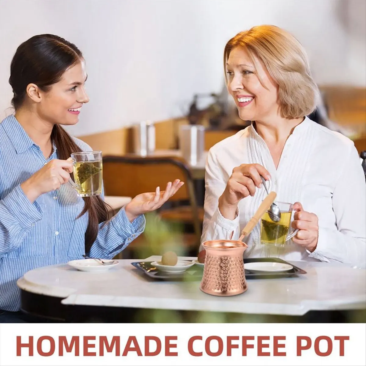 A013 Turkish Coffee Pot Milk Jug with Wooden Handle Kitchen Coffee Heating Pot Copper Aluminium, 350ml for Home Espresso