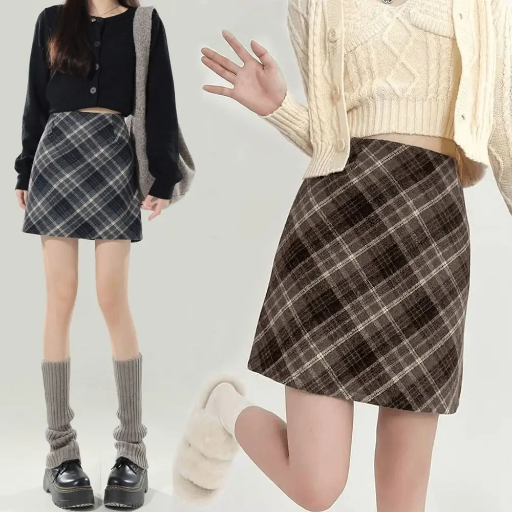 

Fashion High Waist Retro Plaid Skirt Winter Autumn Classical High Waist Long Skirt Preppy Style Slim Fit A-line Half Dress Women
