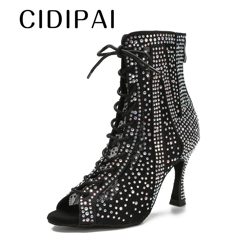 CIDIPAI Female High Top Latin Dance Shoes Woman Rhinestone Ballroom Dancing Shoes Sexy Soft Sole Dance Boots Women Party Shoes