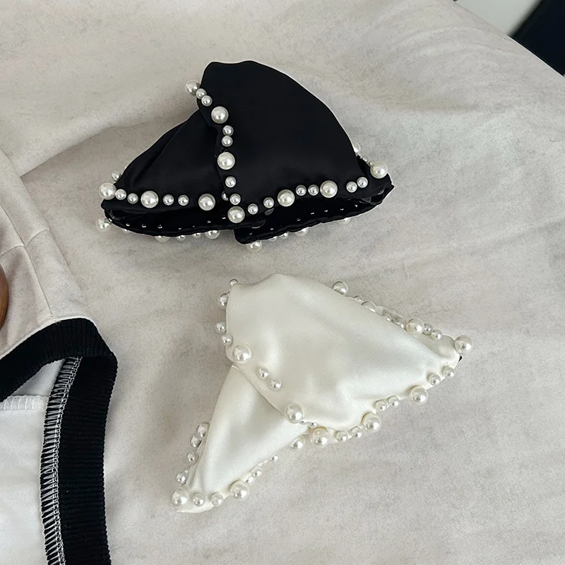 

Triangle Hair Shark Clip Satin Beaded French Chic Vintage Elegant Simple for Back Head Updo Women Daily Home Party