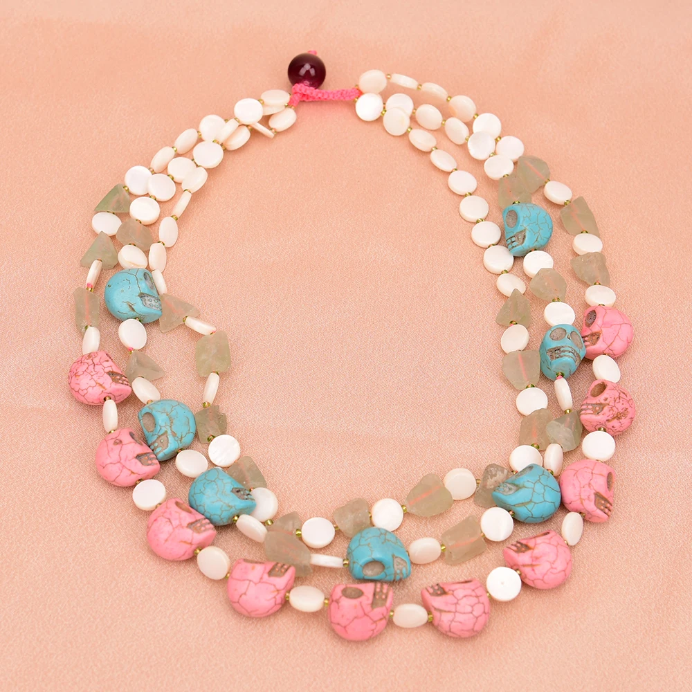 APDGG A68 Handmade 3 Rows Natural Mix Stone Fluorite Turquoise Shell Multi Strands Necklace
