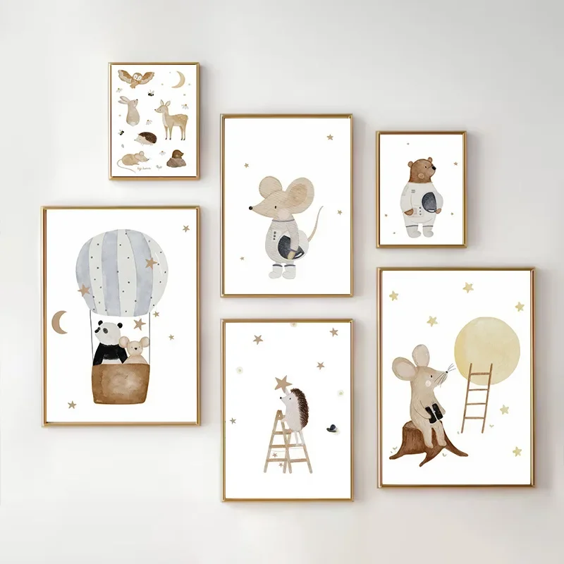 Boho Cartoon Bear Panda Mouse Balloon Aeroplane Poster Children's Room Kindergarten Nursery Canvas Painting Home Decor Wall Art