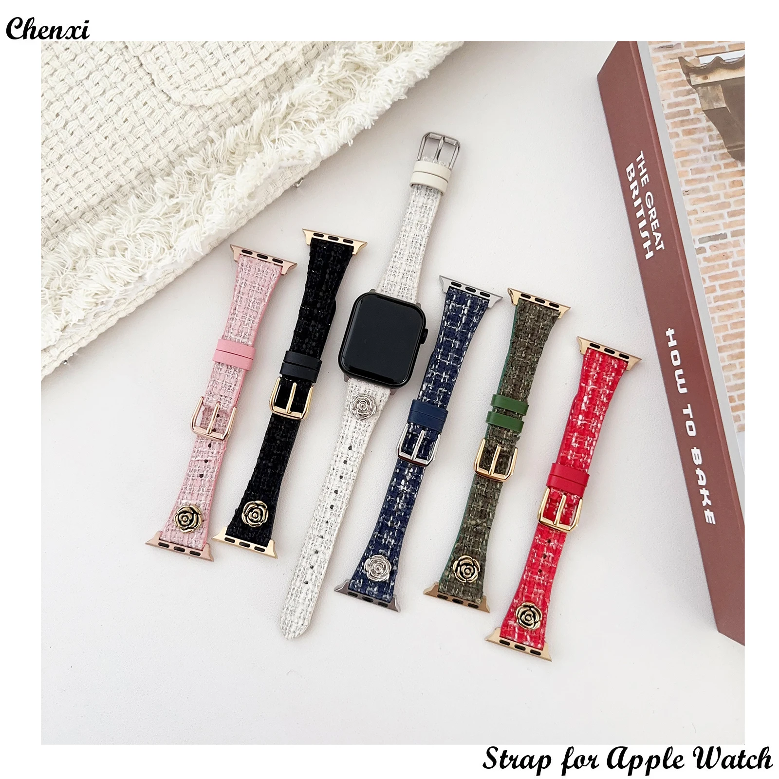 

Premium camellia wool plaid Apple watch band leather bracelet chain for iwatch9 8 7 6 5SE 40 41 42 44 45 49mm women new wrist