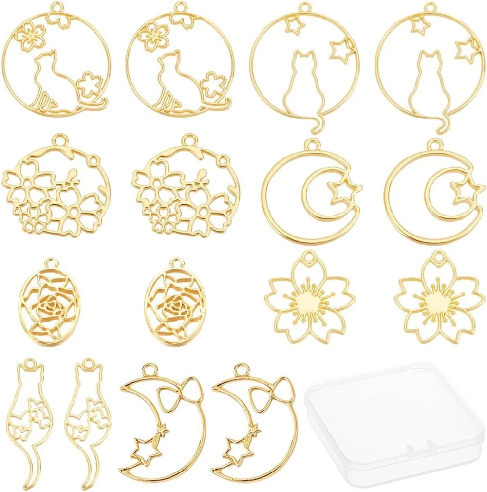 

32Pcs 8 Styles Alloy Open Back Bezel Charms Moon Star Flat Round with Cat Flower Hollow Frame Charms making kit