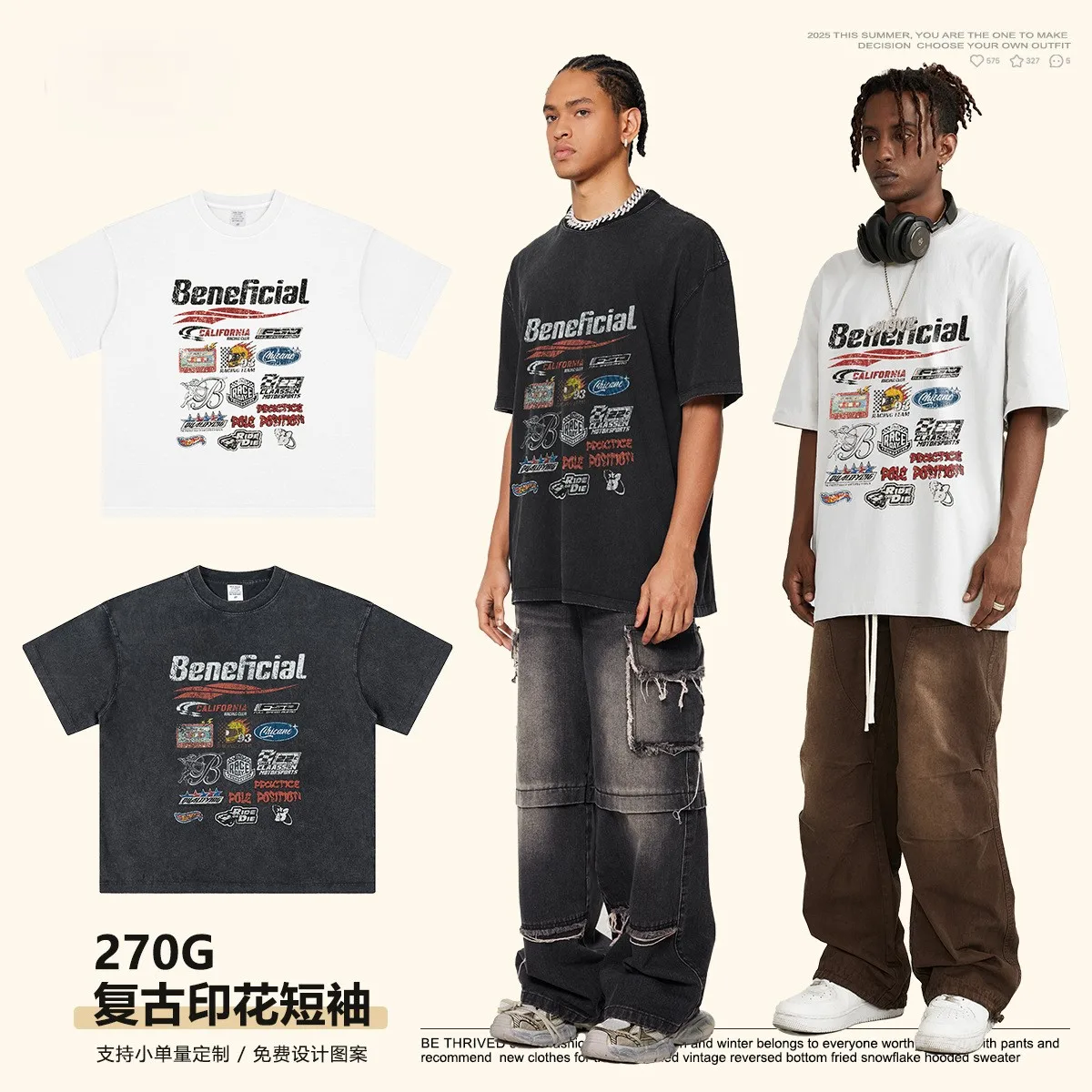 man clothes 270G Cotton Vintage Washed Oversized Beneficial Graphic T-Shirt Unisex Retro California Streetwear Casual — купить у AliExpress WW