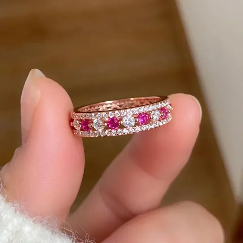 Sweet style copper plated material Hollow Full Circle Single Row Pink Crystal Shiny Engagement Ring Fashion Romantic Jewelry
