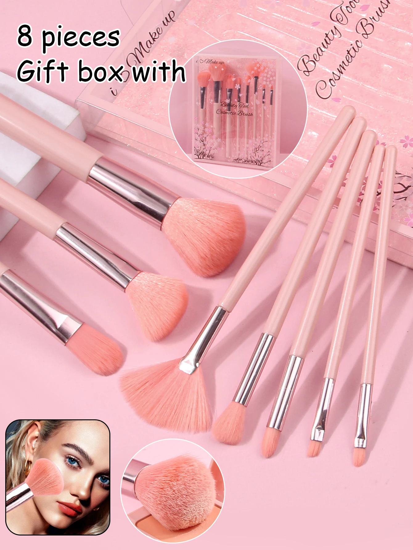 High appearance level Pink box 8 makeup brushes Soft hair loose powder Setting brush Blush brush Full set of makeup brushes