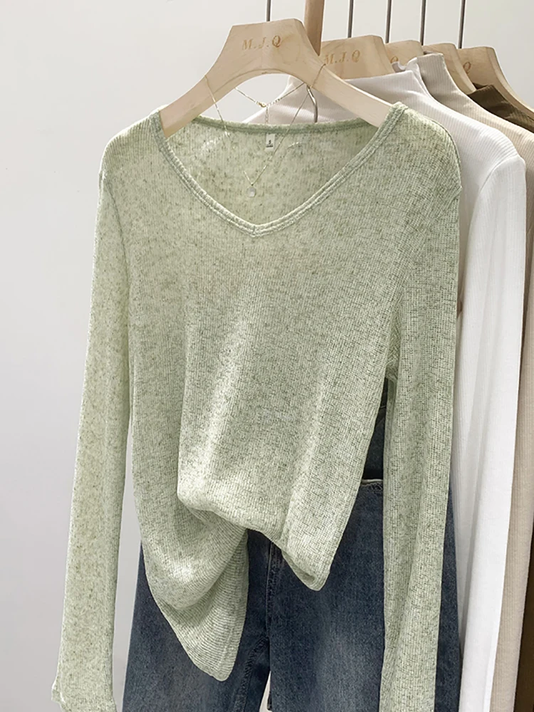 Long Sleeve T-shirt Women V Neck Sexy Slim Korean Thin Tshirts Spring Autumn Black White Tops Basic T Shirt Woman Ladies Clothes