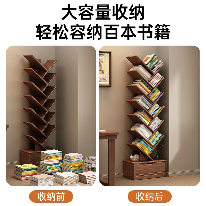 Solid wood bookshelf creative tree-shaped floor shelf household living room storage rack corner