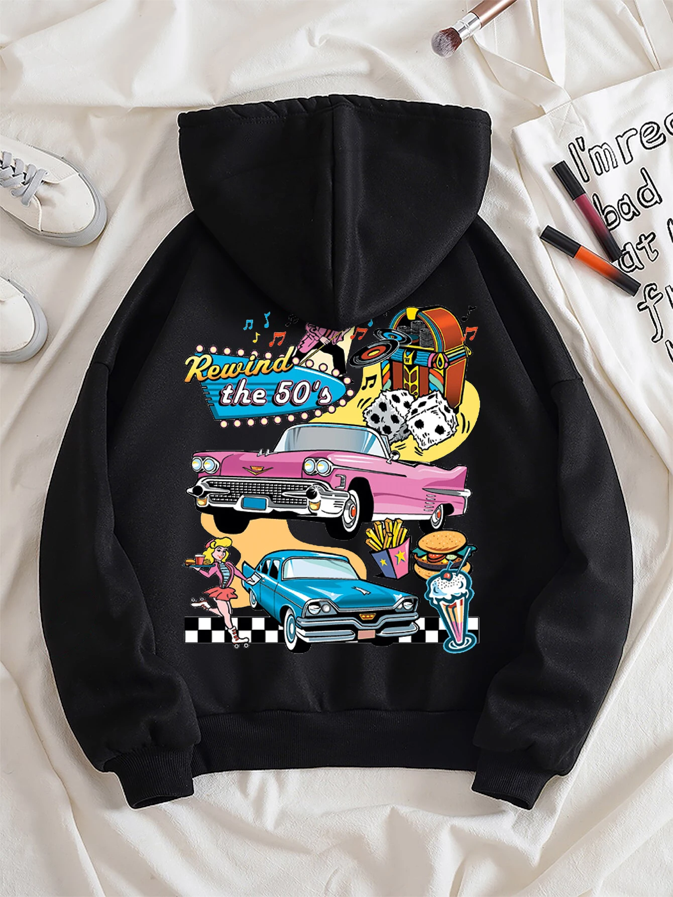 Rewind The 50'S Car Life Printed Female Hoodies Fashion Casual Hoodie Oversize Loose New Sweatshirts Autumn Warm Fleece Clothing