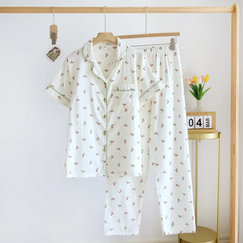 2024 Japanese new spring and summer short-sleeved trousers pajamas 2-piece set 100% cotton gauze flower cartoon home service set