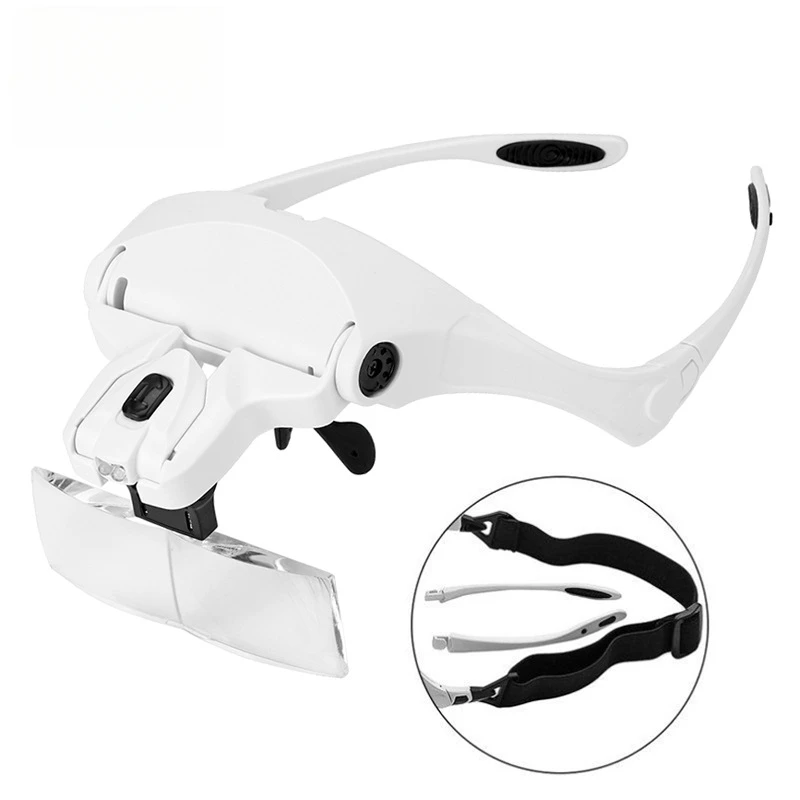 For Reading, Cross-Stitch, Eyebrow Tattoo, Eyelas Double LED Light Glasses-Style Head-Mounted Magnifier 5 Sets of Optical Lenses