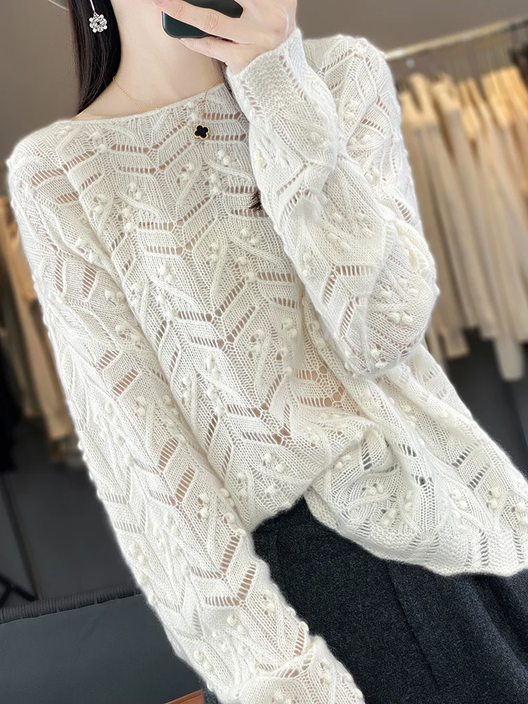 Hollow Out Oversize Women\'s Sweater 100% Merino Wool Pullovers Long Sleeve Jacquard New Light Luxury Cashmere Outerwears Fashion