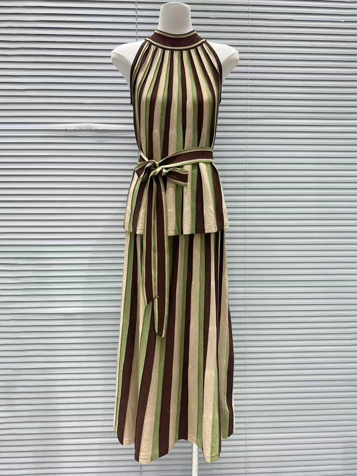 High-End Version Color Block Striped Bright Thread Knitted Sleeveless Top with Belt Half Skirt Set for Women Fashionable Ense...