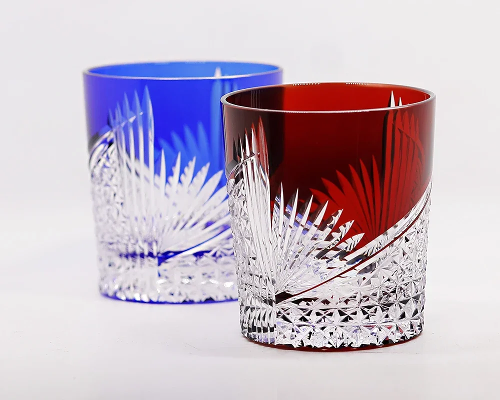 Multi Color Edo Kiriko Crane Hand Cut Crystal Whiskey Glass Heavy Bottom Old Fashioned Rocks Cup