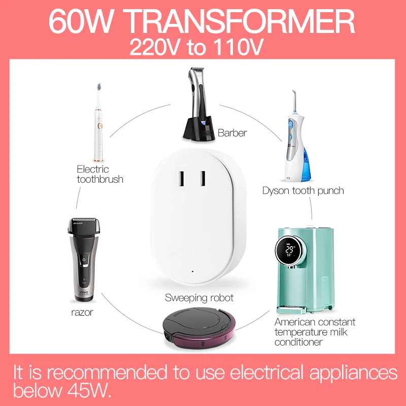 60W Single Phase Aluminum Mini Portable Power Transformer 220V to 110V Step Down Converter 230/100/240 for Travel view 6