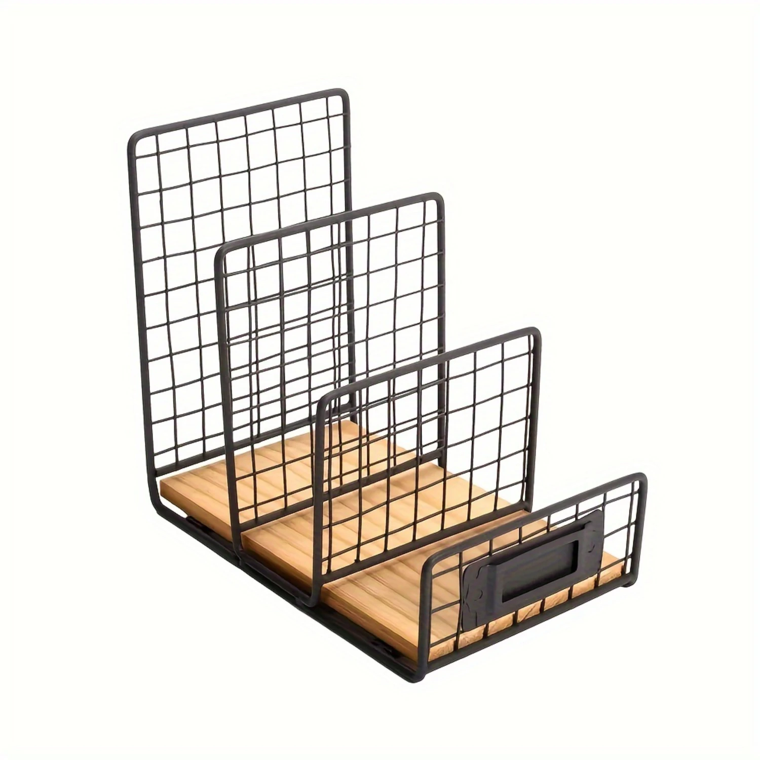 1pc Metal Wire Mesh File Holder Desk Organizer, Multifunctional Office Document & Mail Sorter With Wooden Base, For Newspaper , 