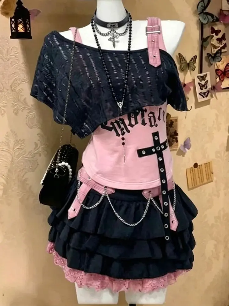 Japanische Sweet Lolita 3-teilige Outfits Y2K Vintage Rüschenoberteile Minirock Harajuku Preppy Lässige Alltagsmode-Anzüge