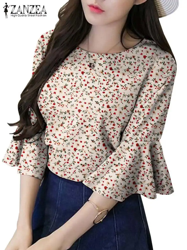 ZANZEA-Blusa con estampado Floral para mujer, Tops elegantes de manga acampanada con volantes, túnicas de cuello redondo, Blusas informales holgadas para oficina, 2024