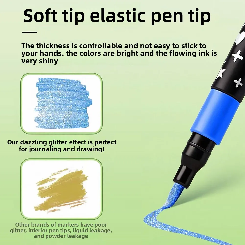 Glitter Paint Markers Brush Pens Flexible Tip Calligraphy Marker Smoothing Lettering Painting Unique-Shimmer Coloring Planner